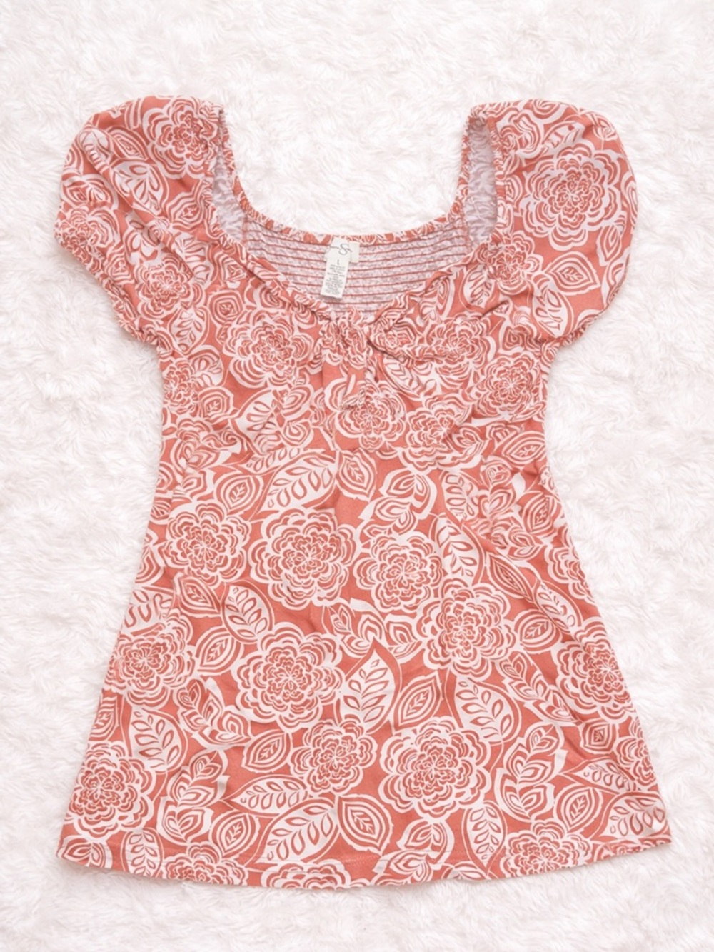 Jessica Simpson Floral Smocked Mini Dress Size Large Coral Puff Sleeve Boho